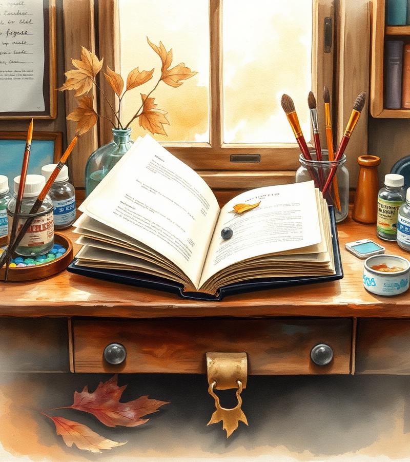 Открытая книга, кисти и краски на рабочем столе