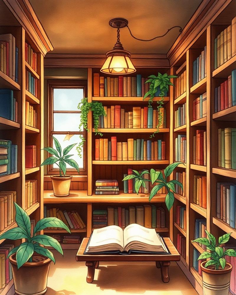 Уютная библиотечная ниша с книгами и растениями